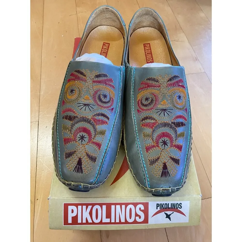 PIKOLINOS Embroidered Leather Mules Mar Sage Green Moccasin Loafers Women 42 NIB